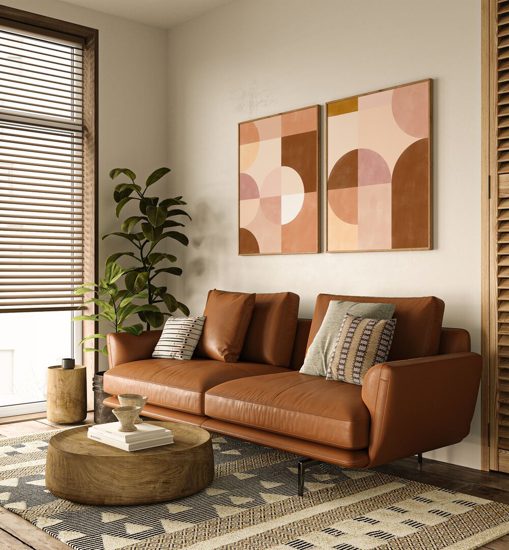 Modern living room featuring the GEOMETRIC SANDSCAPE SET, SET OF 2 PAINTINGS in warm earthy tones. Perfect for decor.