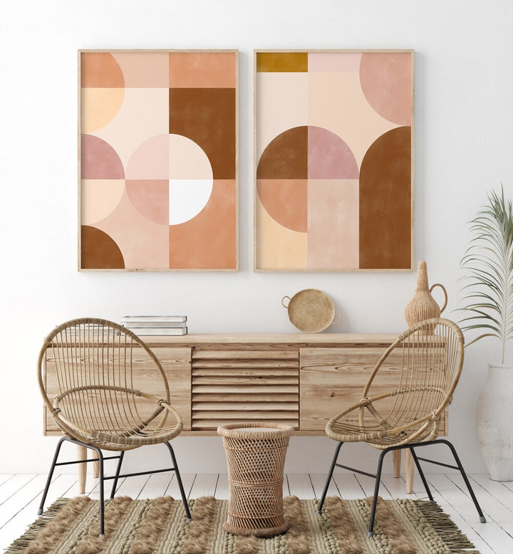 Geometric Sandscape Set, set of 2 paintings showcasing warm hues, perfect for modern home decor.