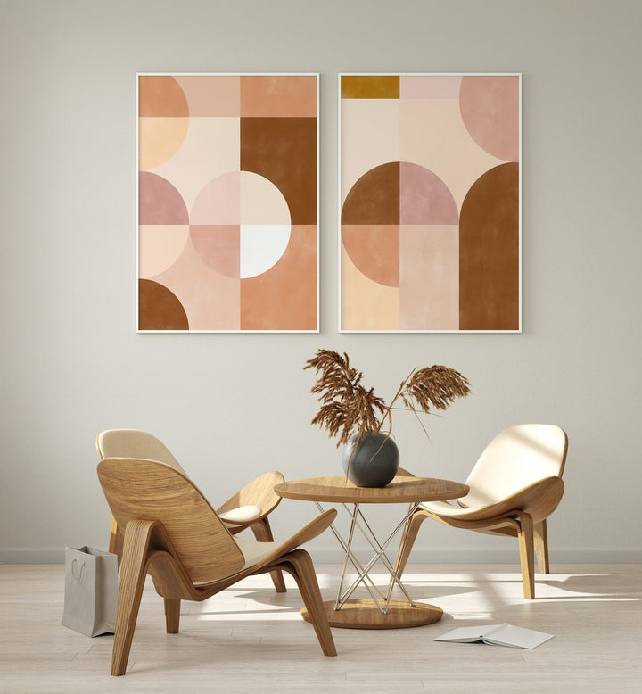 Transform your space with the GEOMETRIC SANDSCAPE SET, SET OF 2 PAINTINGS, showcasing warm abstract designs.
