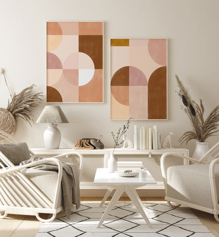 Elevate your space with the GEOMETRIC SANDSCAPE SET, SET OF 2 PAINTINGS, showcasing warm earthy tones and modern design.