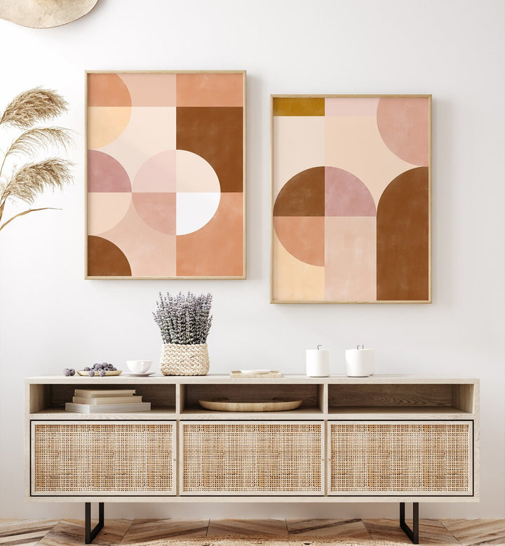 Elevate your decor with the GEOMETRIC SANDSCAPE SET, SET OF 2 PAINTINGS, featuring warm earthy tones and abstract design.