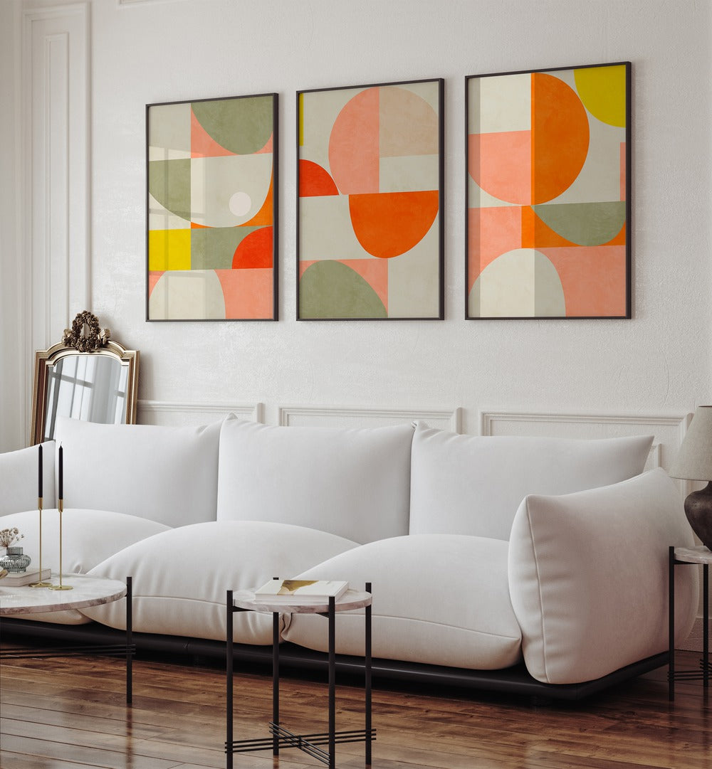 Brighten your decor with the GEOMETRIC SUMMER ABSTRACTIONS SET, SET OF 3 PAINTINGS featuring vibrant geometric designs.