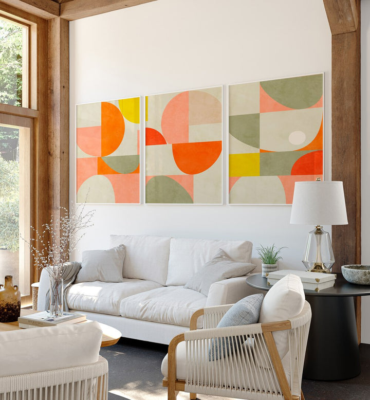 Brighten your home with the GEOMETRIC SUMMER ABSTRACTIONS SET, SET OF 3 PAINTINGS featuring vibrant geometric designs.