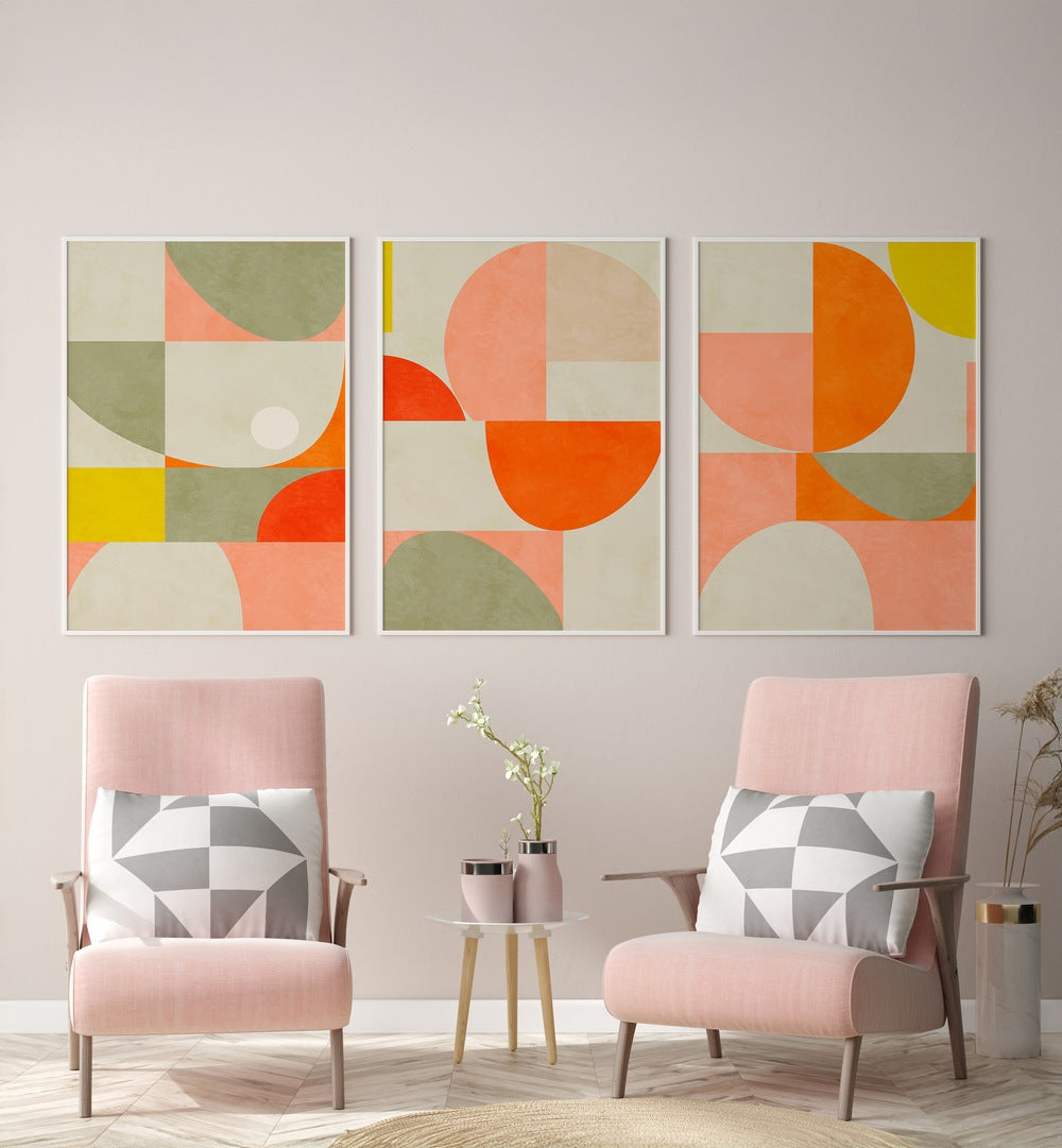 Brighten your decor with the GEOMETRIC SUMMER ABSTRACTIONS SET, SET OF 3 PAINTINGS showcasing vibrant modern art.