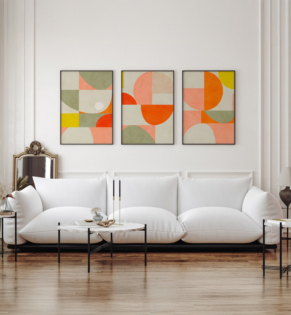 Transform your space with the GEOMETRIC SUMMER ABSTRACTIONS SET, SET OF 3 PAINTINGS featuring vibrant, modern designs.