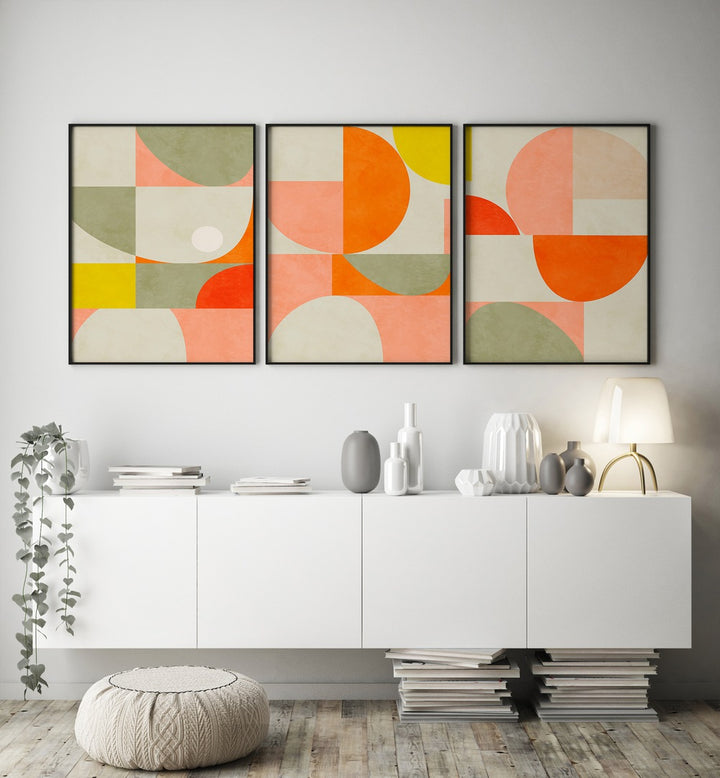 Brighten your decor with the GEOMETRIC SUMMER ABSTRACTIONS SET, SET OF 3 PAINTINGS showcasing vibrant, modern designs.