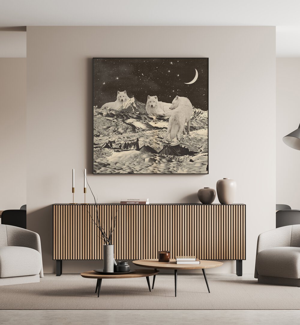 Giant White Wolves, Surreal Art Prints by Florent Bodart, showcasing majestic wolves in a dreamlike landscape.