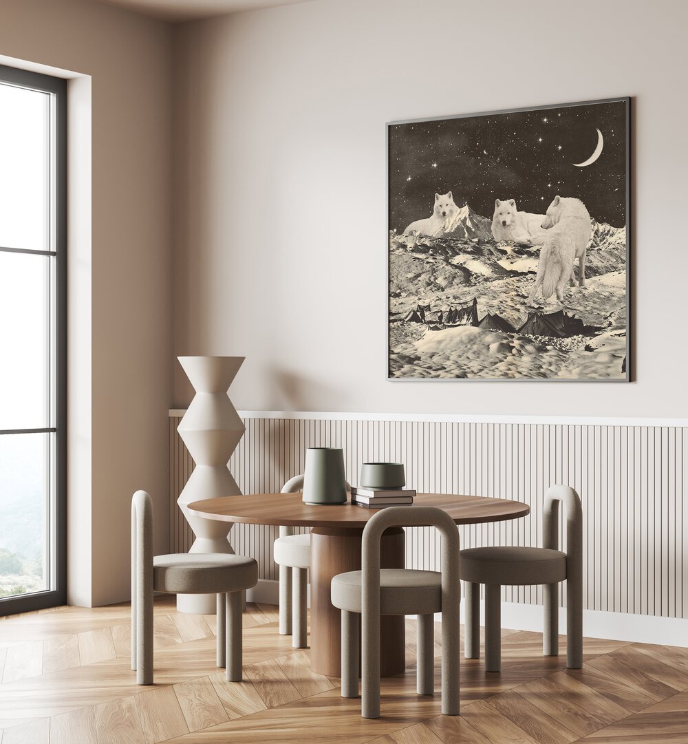 Stunning GIANT WHITE WOLVES, SURREAL ART PRINTS by Florent Bodart, perfect for adding a dreamlike touch to your space.