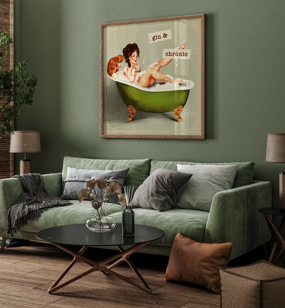 Stylish GIN AND CHRONIC, PORTRAITS artwork featuring a woman in a bathtub, adding elegance to any space.