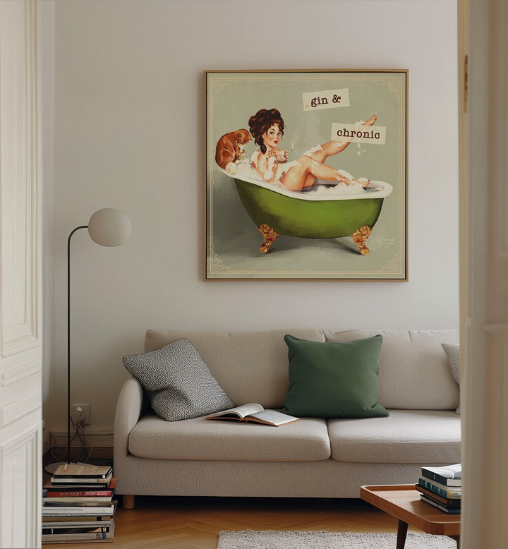 Colorful GIN AND CHRONIC, PORTRAITS artwork featuring a woman enjoying a bath, adding charm to any space.