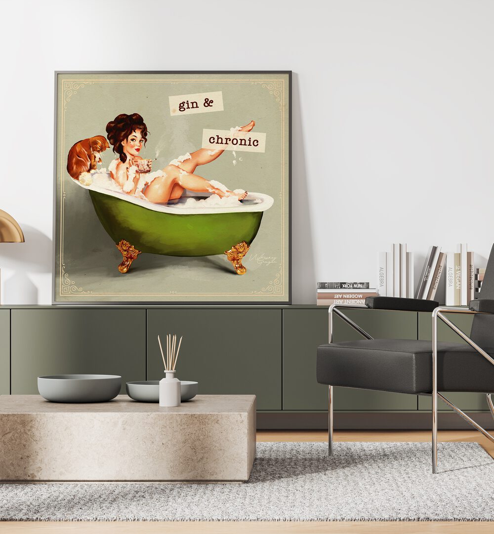 Colorful GIN AND CHRONIC portraits featuring a woman relaxing in a vintage bathtub, showcasing artistic elegance.