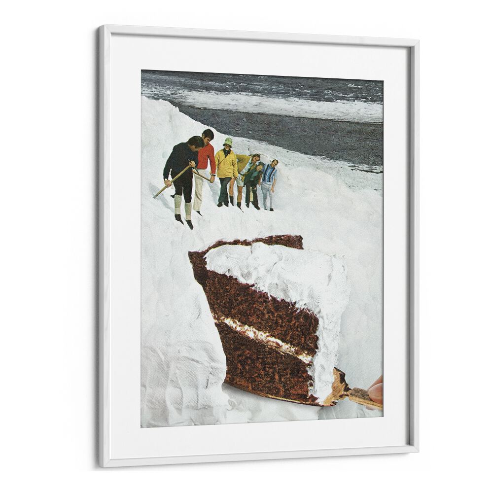 Surreal art print featuring Glacier Calving Cake, blending dessert and snow, by Vertigo Artography. Perfect for unique decor.