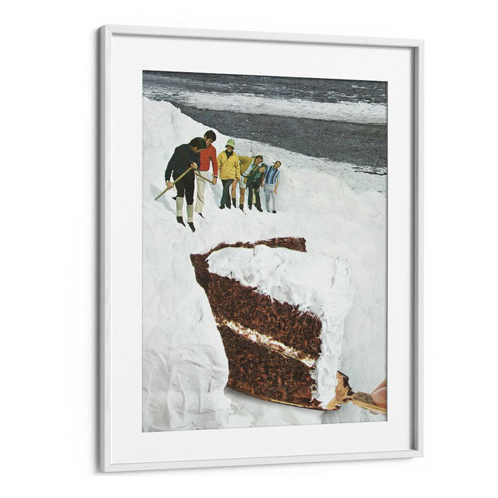 Surreal art print featuring Glacier Calving Cake, blending dessert and snow, by Vertigo Artography. Perfect for unique decor.