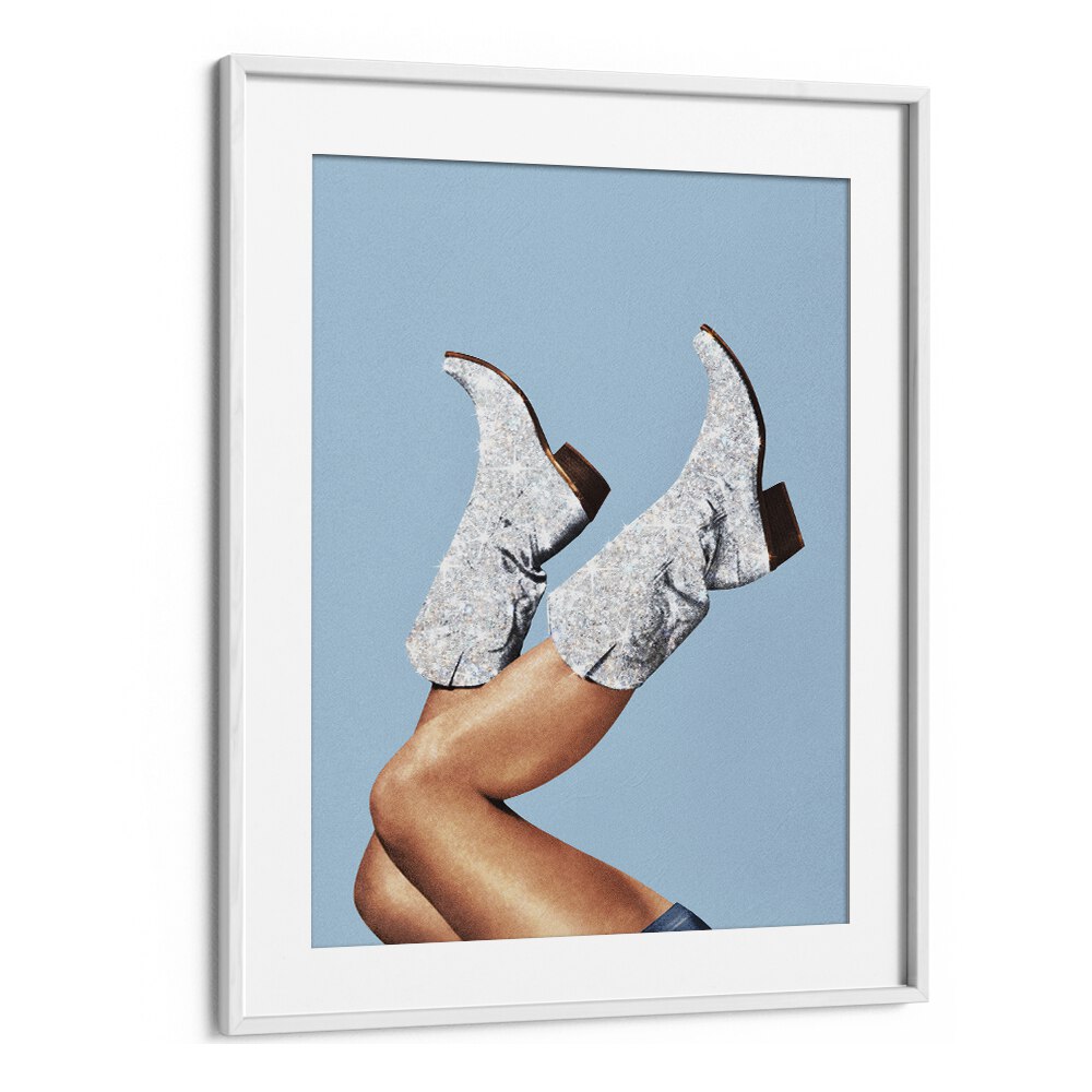 Stylish GLITTER BOOTS BLUE II, SURREAL ART PRINTS by Vertigo Artography, perfect for modern decor and conversation starters.