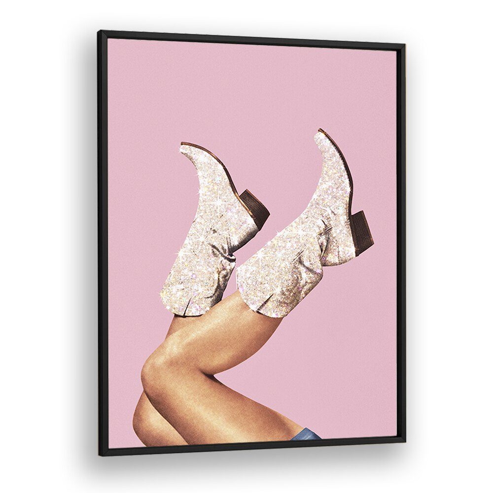 Glitter Boots-Pink II, Surreal Art Prints by Vertigo Artography, showcasing stylish, sparkling boots on a pink background.
