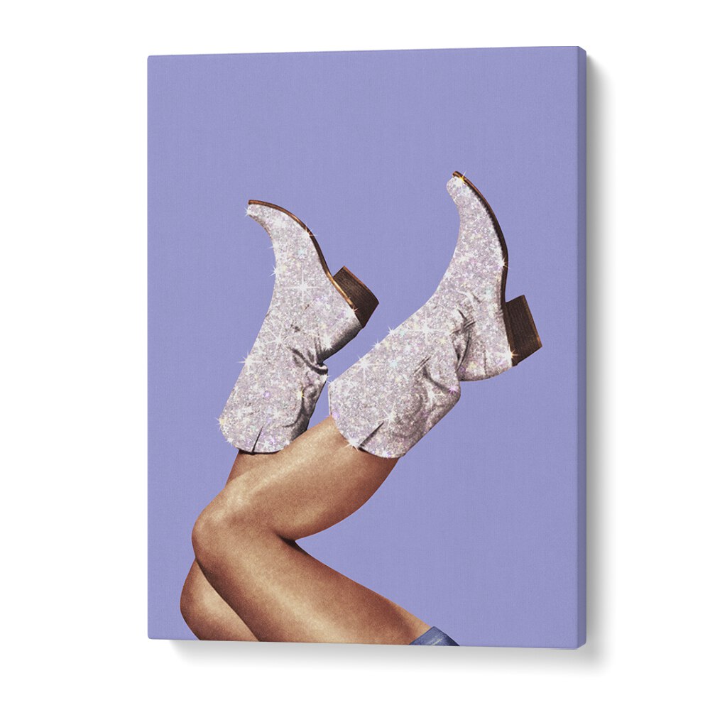 Stylish GLITTER BOOTS, SURREAL ART PRINTS by Vertigo Artography, showcasing sparkling periwinkle footwear art.