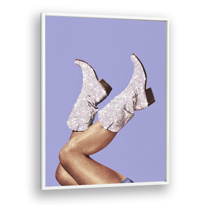Stylish GLITTER BOOTS, SURREAL ART PRINTS by Vertigo Artography featuring shimmering periwinkle boots on a vibrant background.
