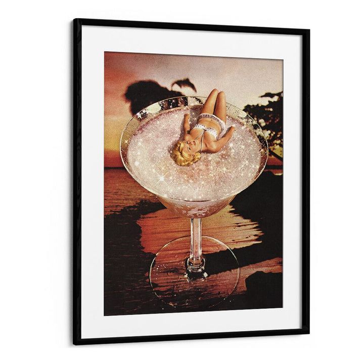 Glitter Pink Margarita, surreal art prints by Vertigo Artography, featuring a whimsical scene in a black frame.