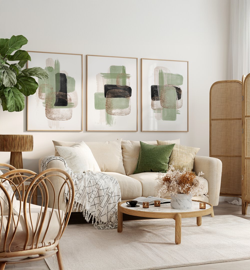 Enhance your decor with the GLITTER GREEN SET, SET OF 3 PAINTINGS, showcasing elegant designs and natural charm.