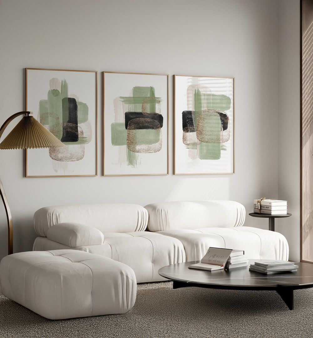 Enhance your decor with the GLITTER GREEN SET, SET OF 3 PAINTINGS, featuring elegant designs and natural charm.