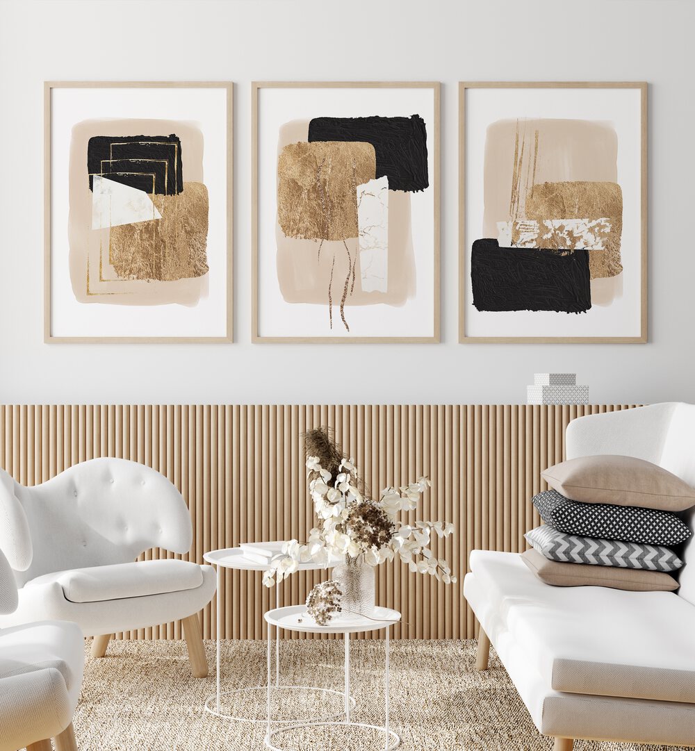 Transform your space with the GLORIOUS DUST SET, SET OF 3 PAINTINGS featuring elegant abstract designs.