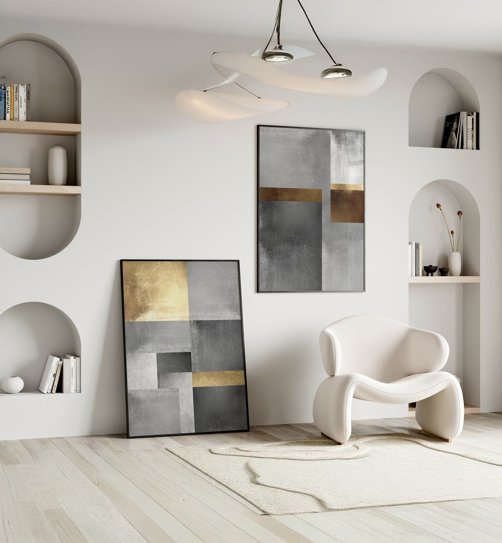 Elevate your decor with the GOLD AND SILVER TEXTURES SET, SET OF 2 PAINTINGS, perfect for modern living spaces.