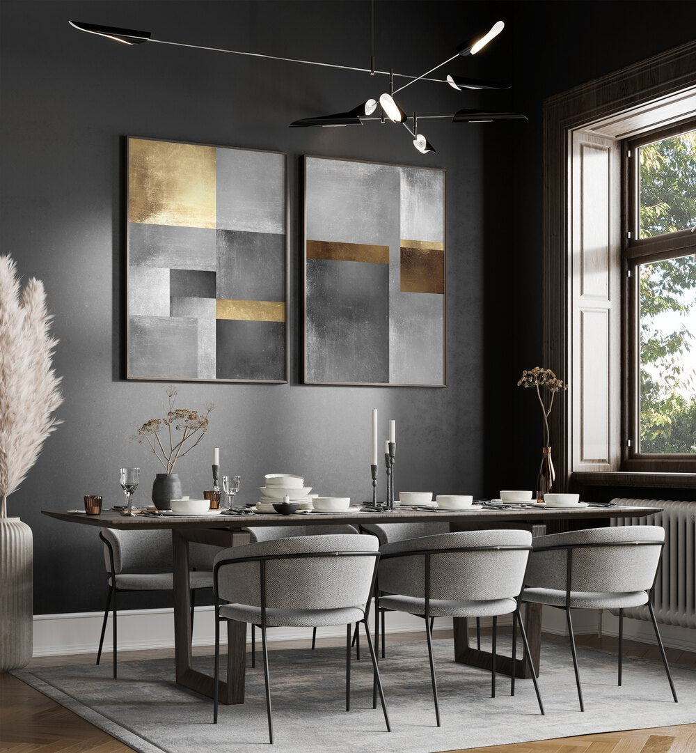 Elegant GOLD AND SILVER TEXTURES SET, SET OF 2 PAINTINGS enhances modern living spaces with a touch of sophistication.