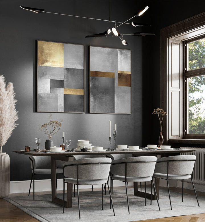 Elegant GOLD AND SILVER TEXTURES SET, SET OF 2 PAINTINGS enhances modern living spaces with a touch of sophistication.