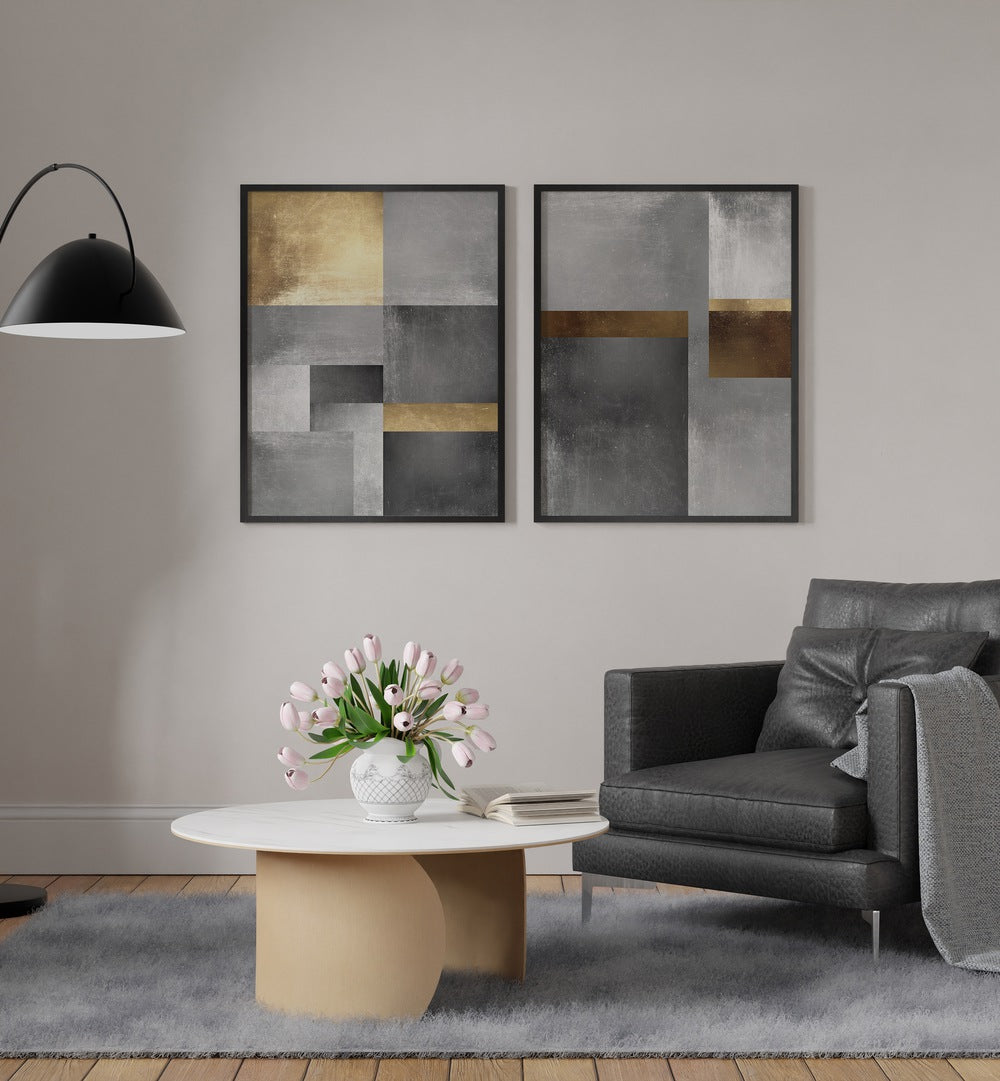 Elegant GOLD AND SILVER TEXTURES SET, SET OF 2 PAINTINGS, perfect for modern living spaces and home decor.