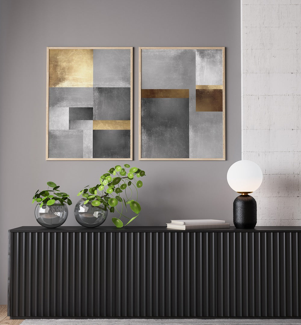 Elegant GOLD AND SILVER TEXTURES SET, SET OF 2 PAINTINGS adding modern charm to your living space decor.