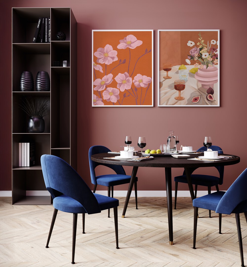 Stylish dining space featuring the GOLDEN HOUR ELEGANCE SET, SET OF 2 PAINTINGS, enhancing warmth and sophistication.