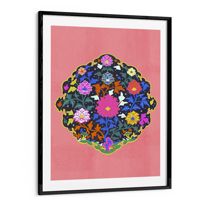Vibrant GRANDMA, FLORAL FLOWER PAINTINGS in a sleek black frame, adding elegance to any space by Jota de Jai.