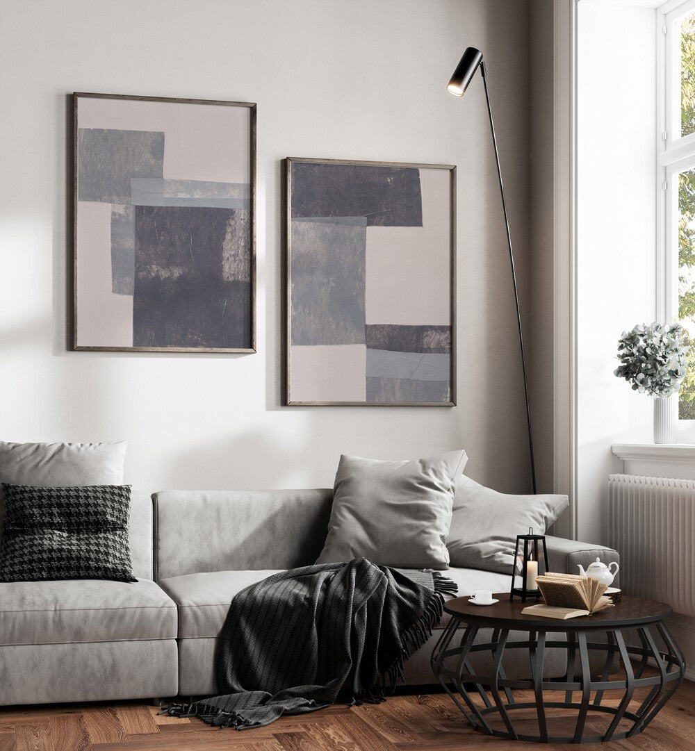 Transform your space with the GRAY BLOCKS SET, SET OF 2 PAINTINGS, featuring modern abstract designs.