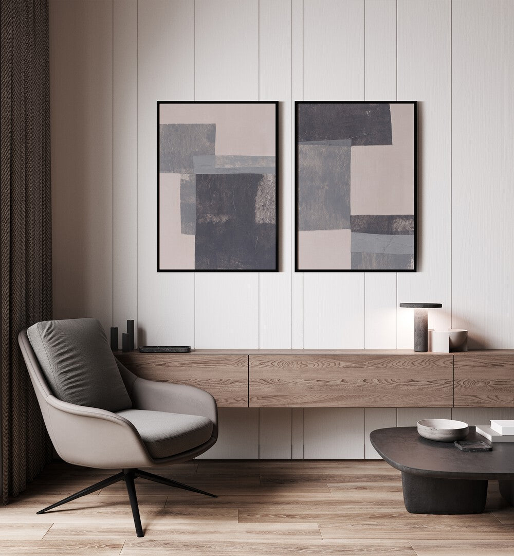 Stylish GRAY BLOCKS SET, SET OF 2 PAINTINGS enhances modern decor with abstract elegance for any living space.