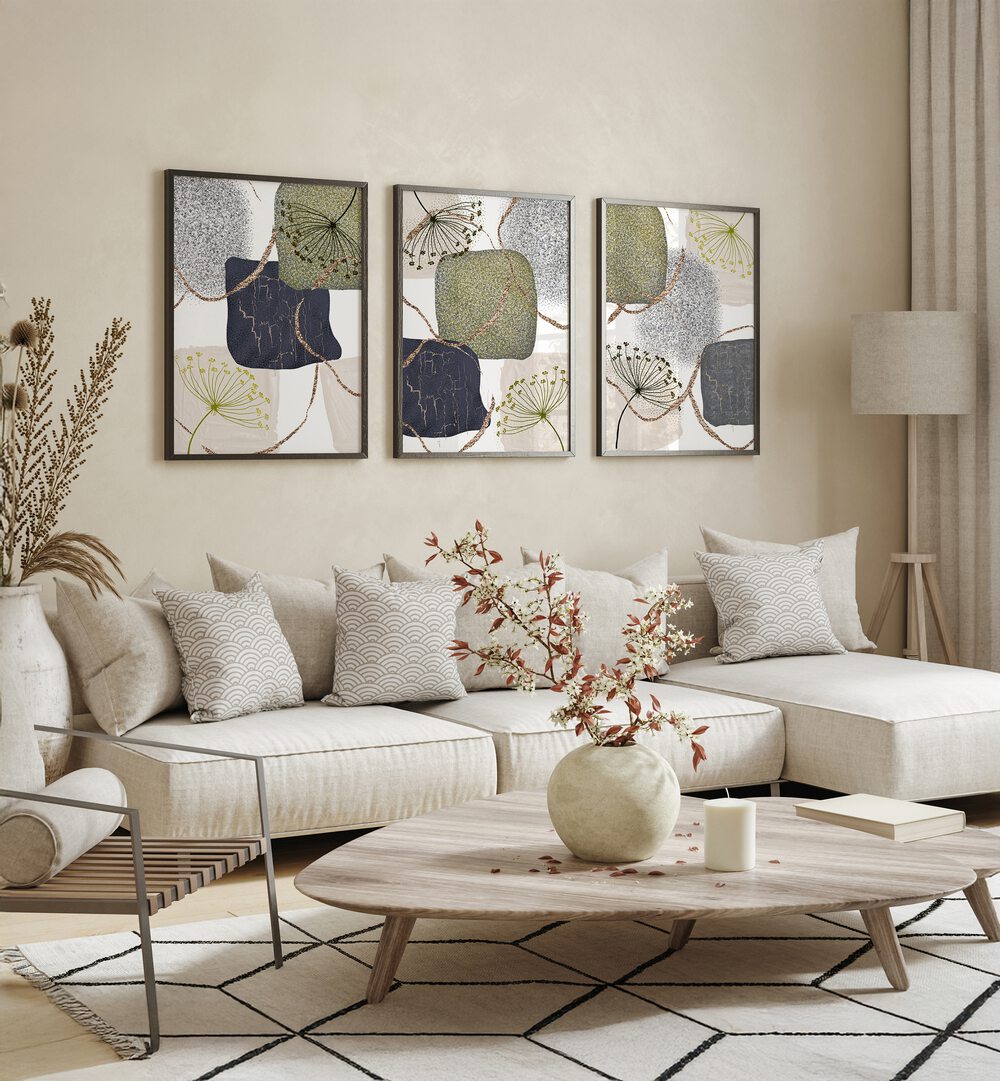 Transform your space with the GRAY GREEN ABSTRACTION SET, SET OF 3 PAINTINGS, showcasing modern elegance and style.