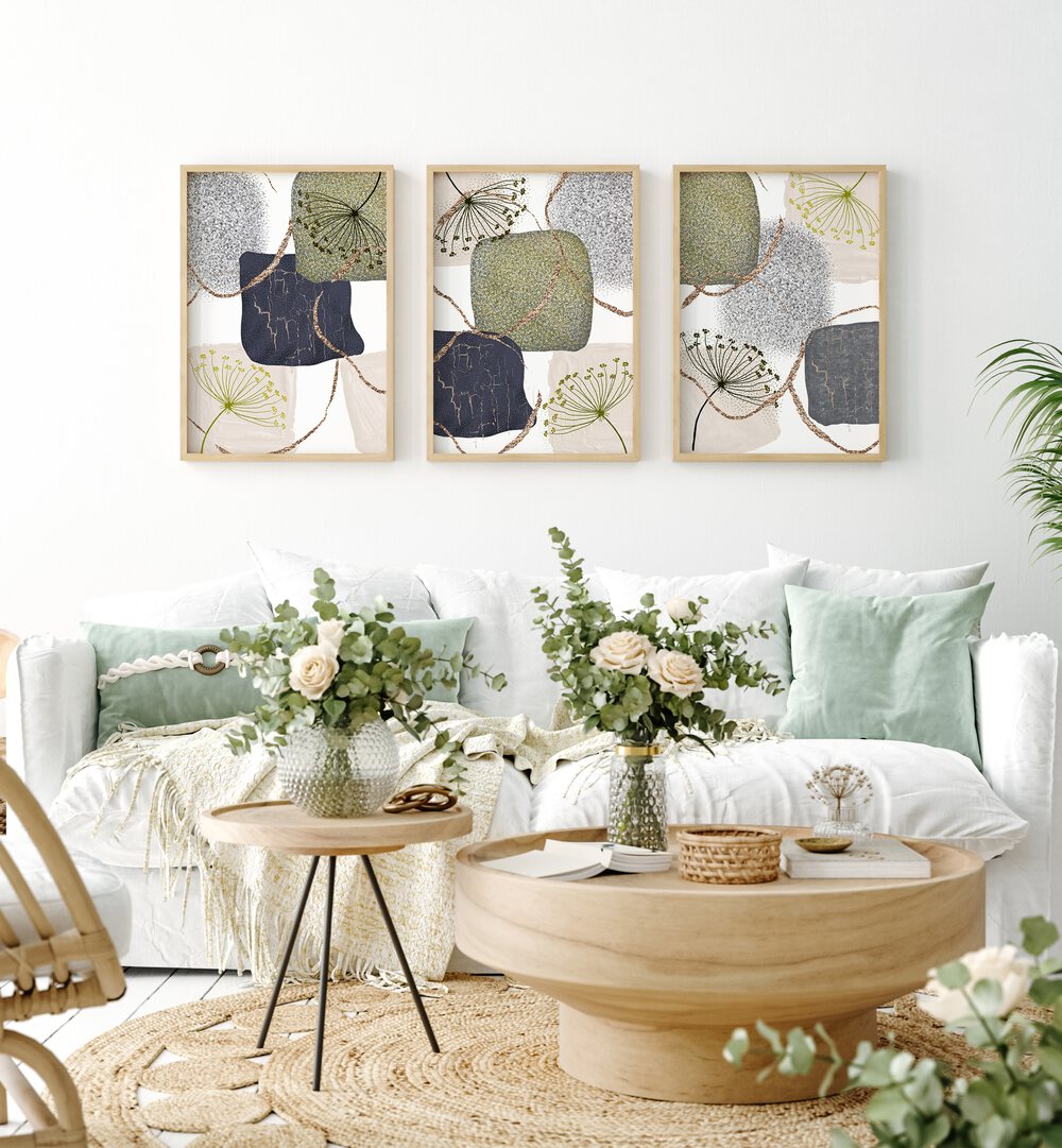 Elevate your decor with the GRAY GREEN ABSTRACTION SET, SET OF 3 PAINTINGS, perfect for modern living spaces.