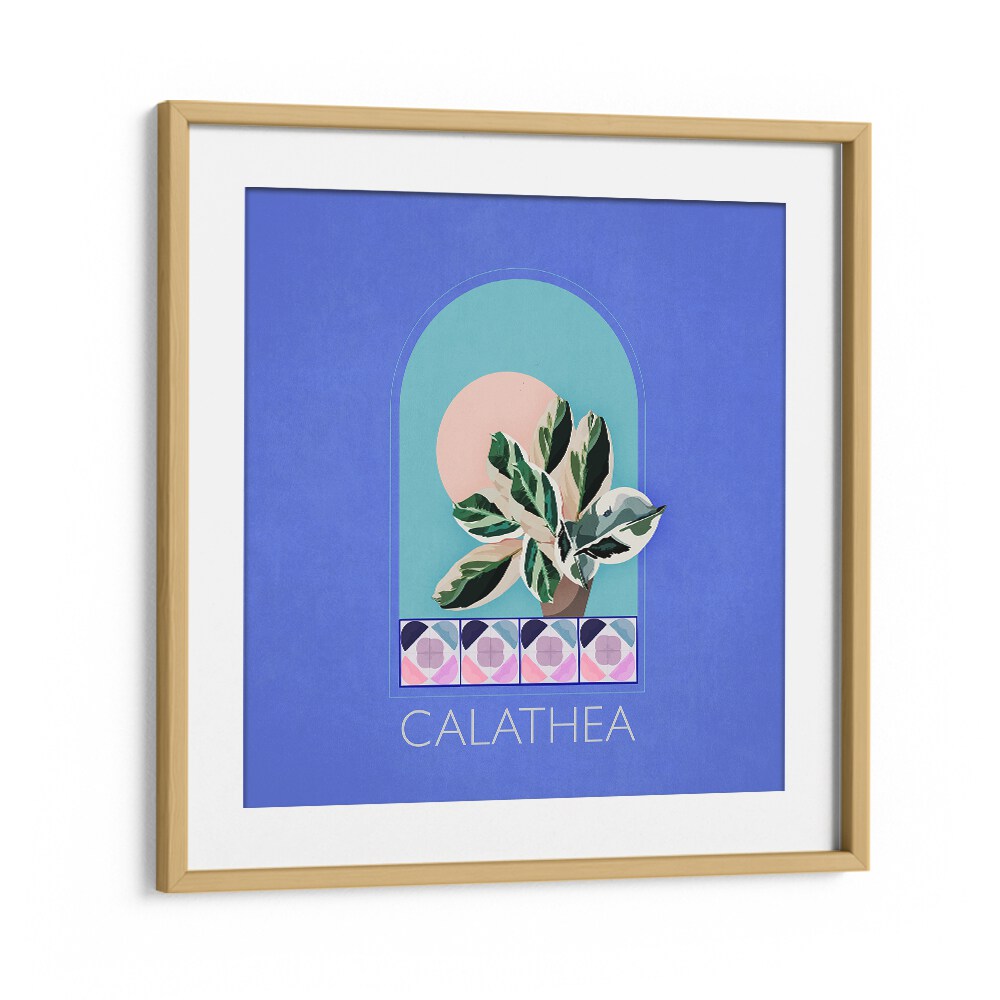 Stylish GREEN SETS CALATHEA, FLORAL FLOWER PAINTINGS featuring vibrant colors and elegant oak wood frame by Emel Tunaboylu.