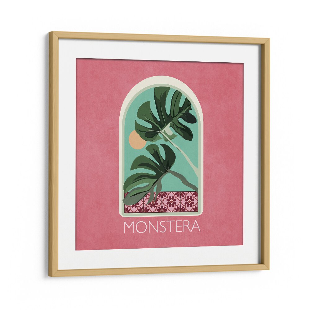 Decorate your space with GREEN SETS MONSTERA, FLORAL FLOWER PAINTINGS by Emel Tunaboylu in a stylish oak frame.