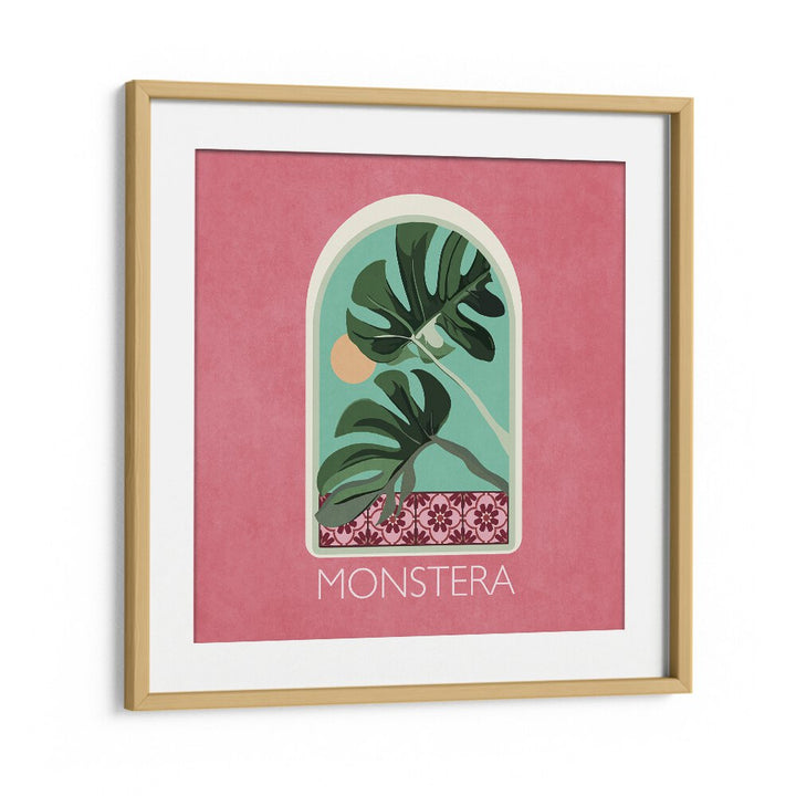 Decorate your space with GREEN SETS MONSTERA, FLORAL FLOWER PAINTINGS by Emel Tunaboylu in a stylish oak frame.
