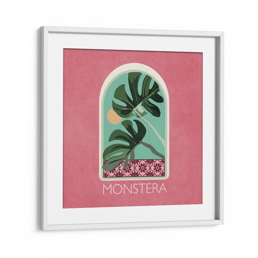 Stylish GREEN SETS MONSTERA, FLORAL FLOWER PAINTINGS by Emel Tunaboylu in a chic white frame, perfect for modern decor.