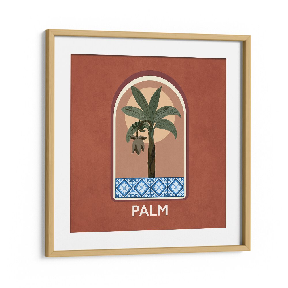 Elevate your space with GREEN SETS PALM, FLORAL FLOWER PAINTINGS by Emel Tunaboylu in a chic oak frame.