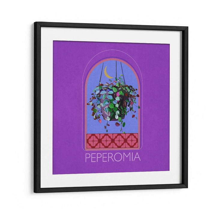 Bright floral painting titled "GREEN SETS PEPEROMIA," showcasing vibrant colors and stylish black frame.