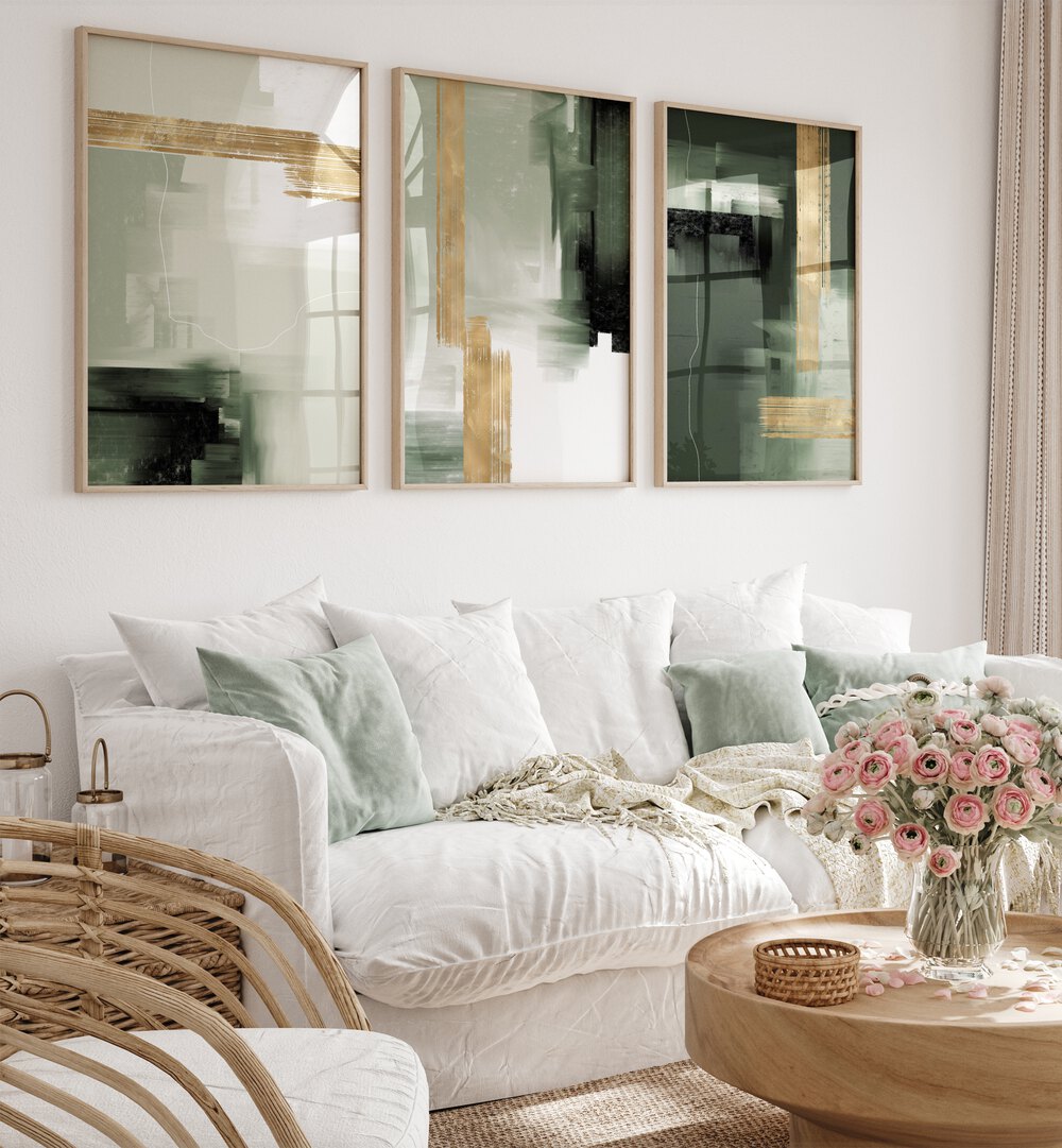 Transform your space with the GREEN AND GOLD ABSTRACT ART SET, SET OF 3 PAINTINGS, perfect for modern elegance.