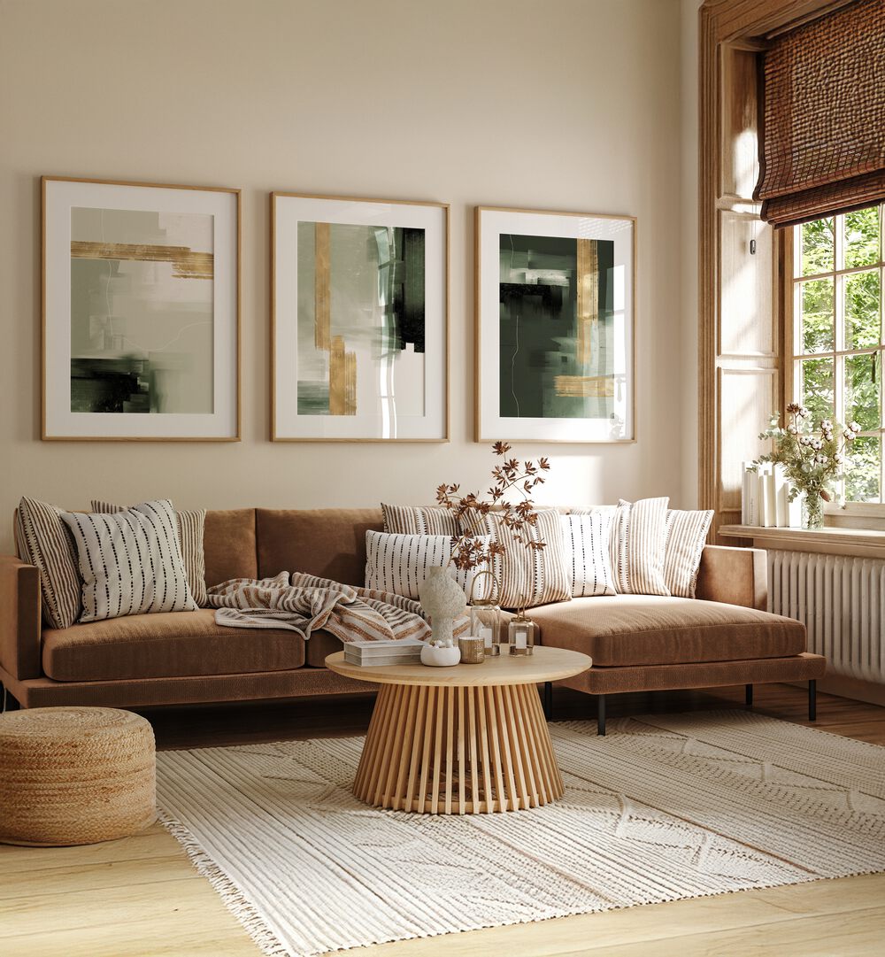 Transform your space with the GREEN AND GOLD ABSTRACT ART SET, SET OF 3 PAINTINGS, adding elegance and modern flair.