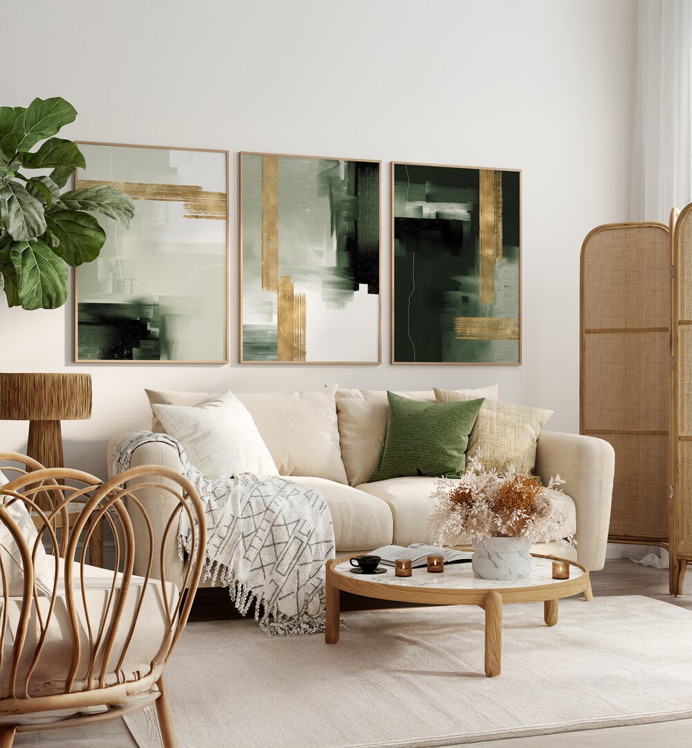 Stunning GREEN AND GOLD ABSTRACT ART SET, SET OF 3 PAINTINGS, enhancing elegance in any modern living space.