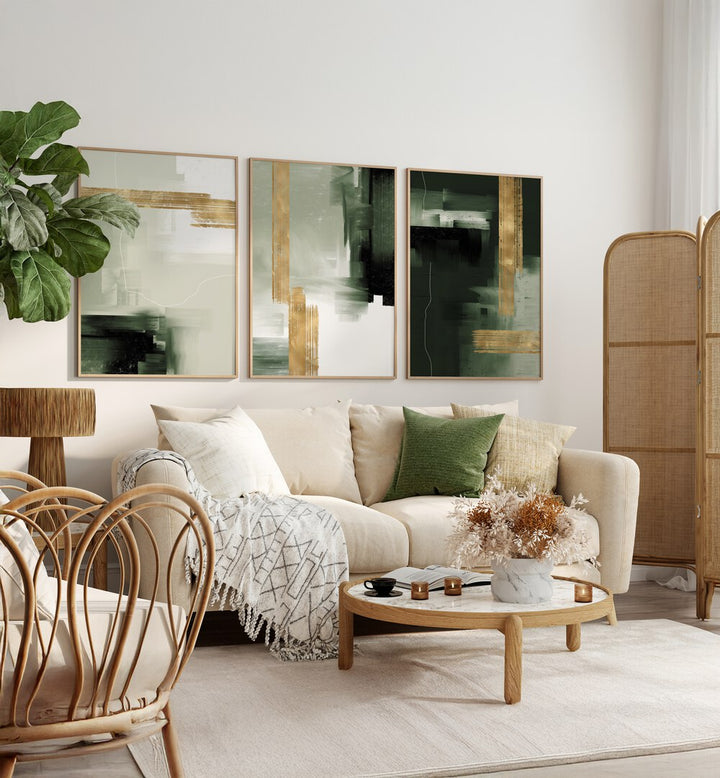 Stunning GREEN AND GOLD ABSTRACT ART SET, SET OF 3 PAINTINGS, enhancing elegance in any modern living space.