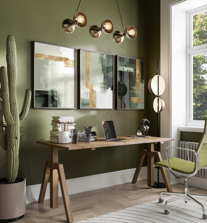 Enhance your decor with the GREEN AND GOLD ABSTRACT ART SET, SET OF 3 PAINTINGS, perfect for any modern living space.