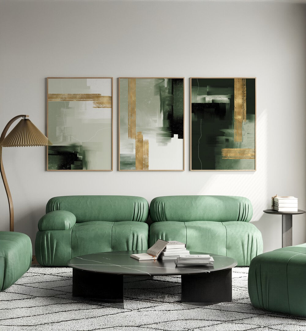 Transform your space with the GREEN AND GOLD ABSTRACT ART SET, SET OF 3 PAINTINGS, adding modern elegance to any room.