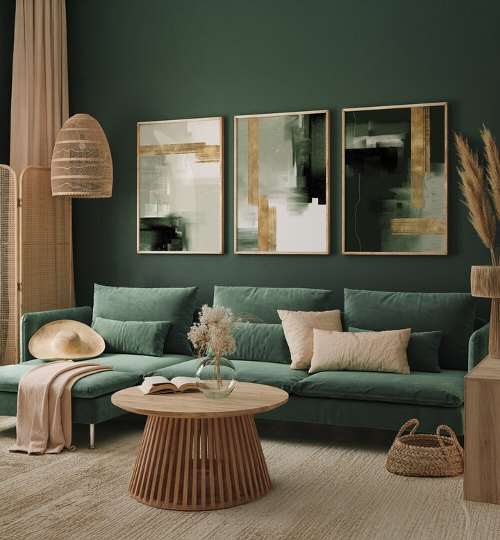 Enhance your decor with the GREEN AND GOLD ABSTRACT ART SET, SET OF 3 PAINTINGS, perfect for modern living spaces.