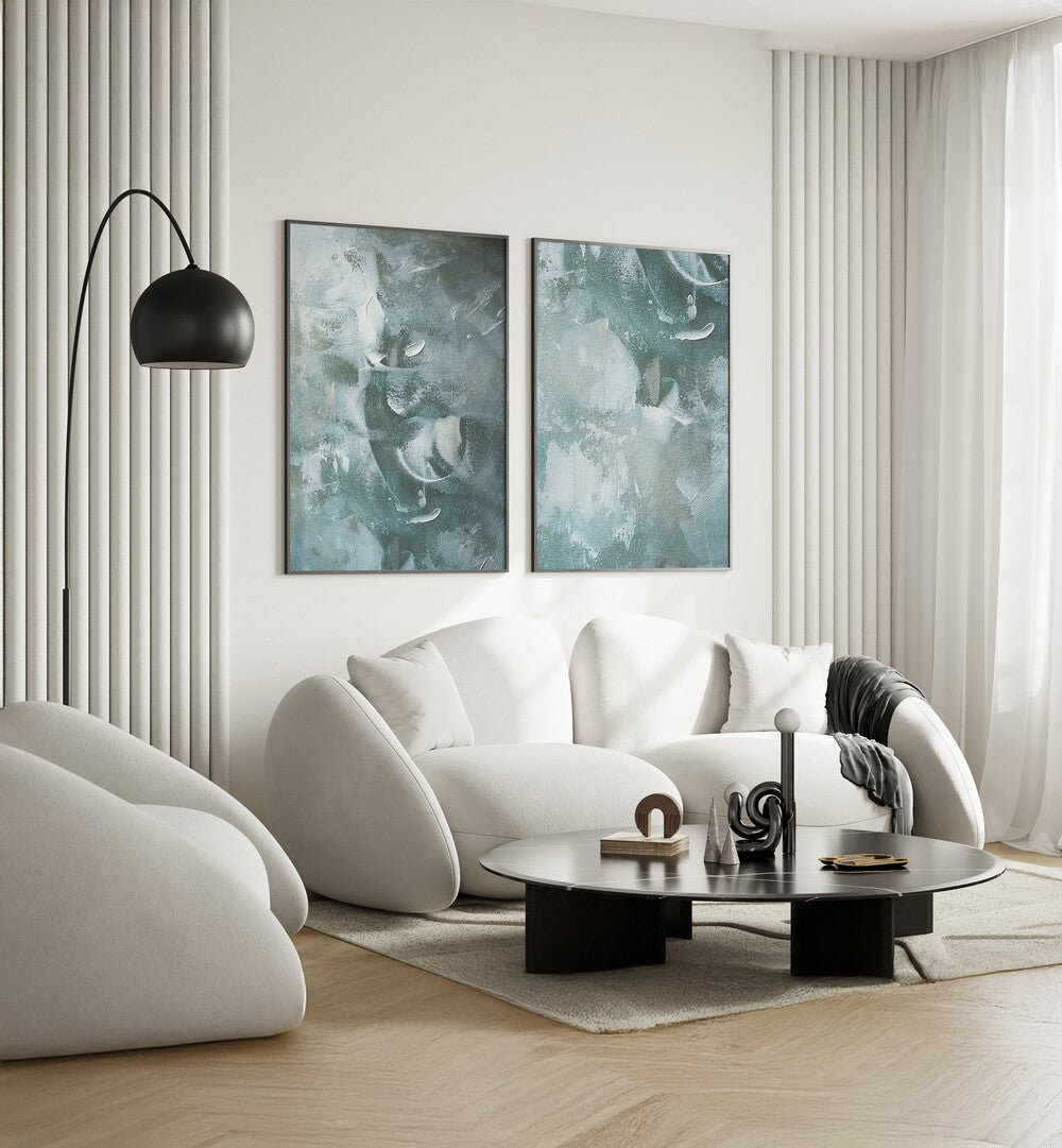 Stylish living room featuring the GREEN AND WHITE ACRYLIC SET, SET OF 2 PAINTINGS, perfect for modern decor.
